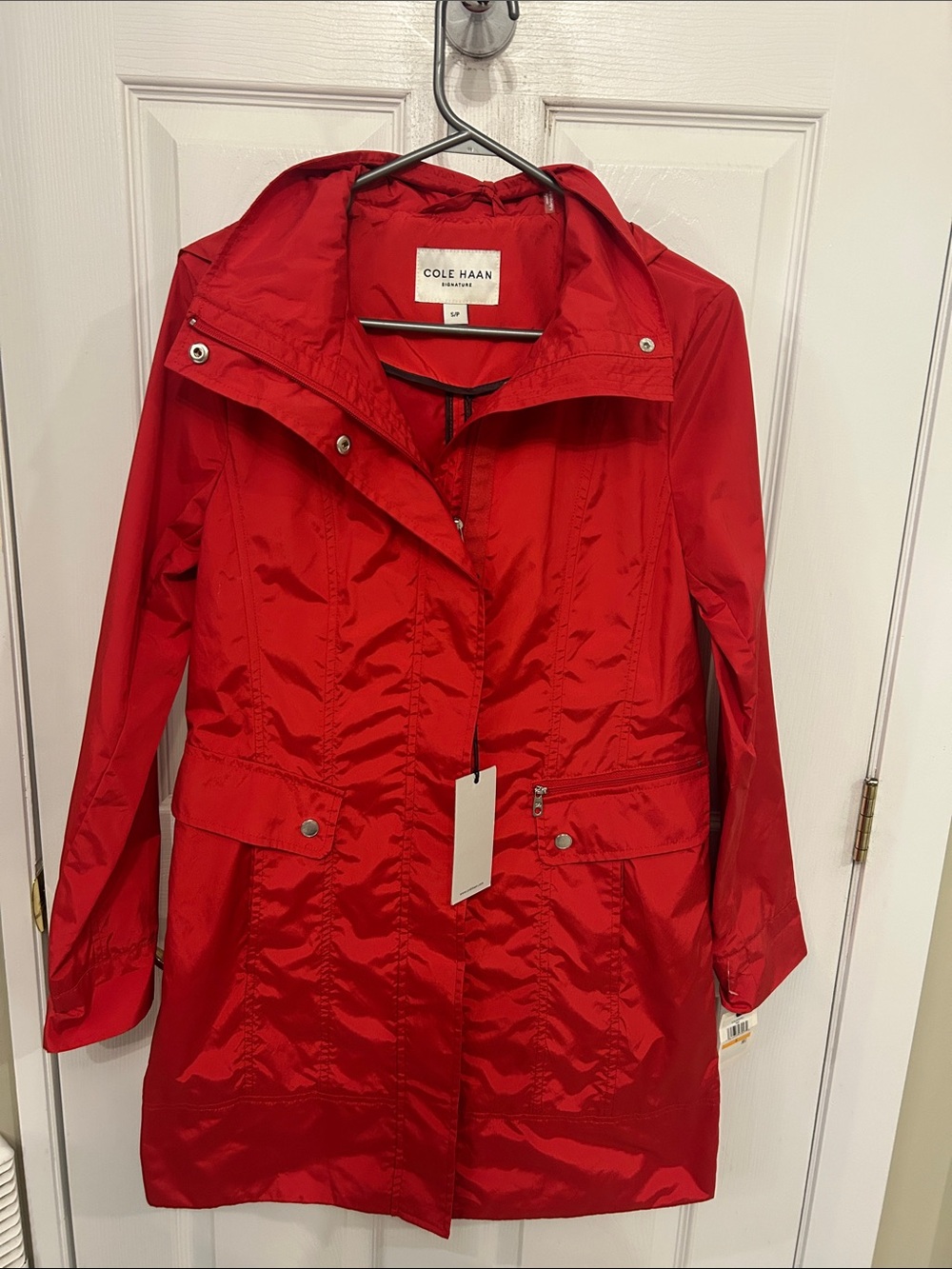 Cole Haan Bright Red Packable Hooded Trench